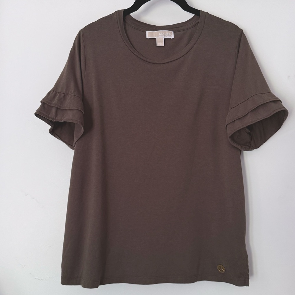 Michael Kors Ruffled Sleeved Top~L Olive Green